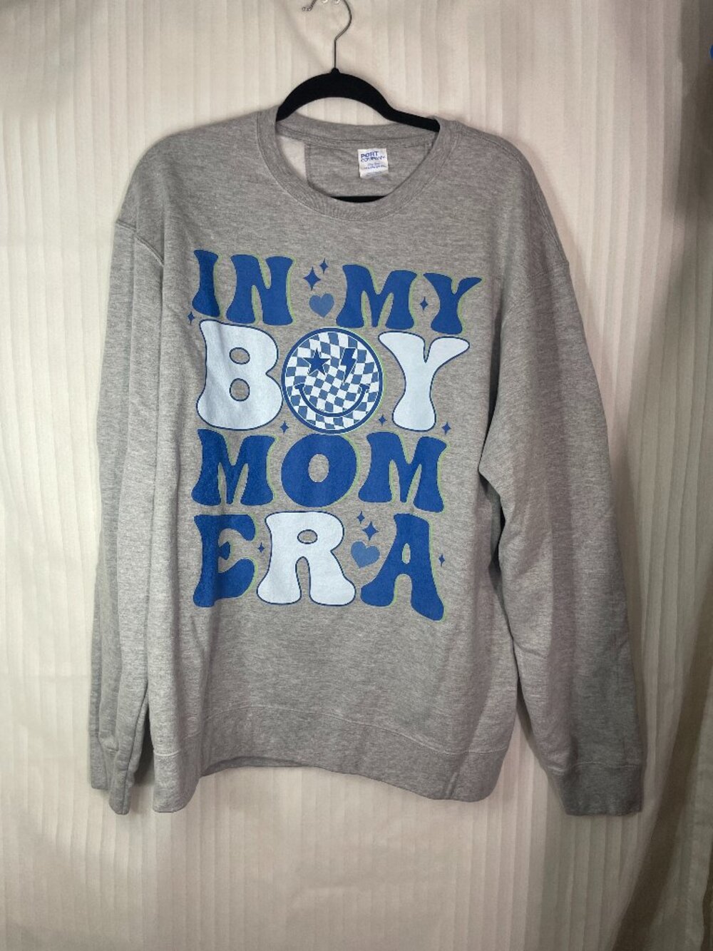 In My Boy Mom Era Sweatshirt XL Gray Graphic Crewneck Port & Company Blue Pullov